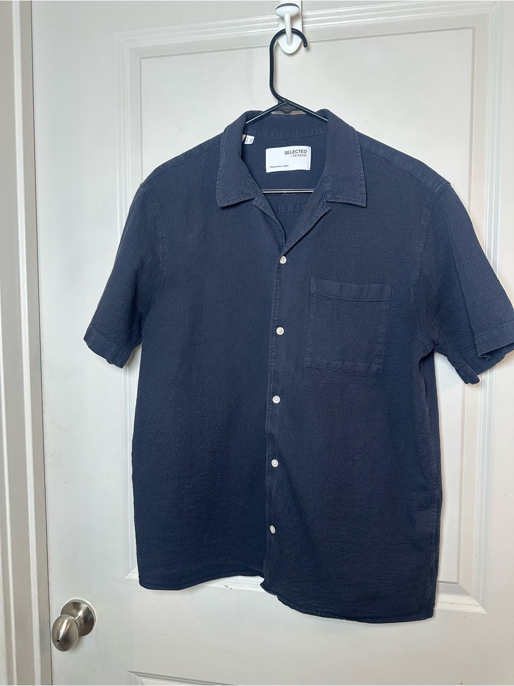 Selected Homme Organic Cotton Black Button Up  Short Sleeve Shirt, Size 16.5